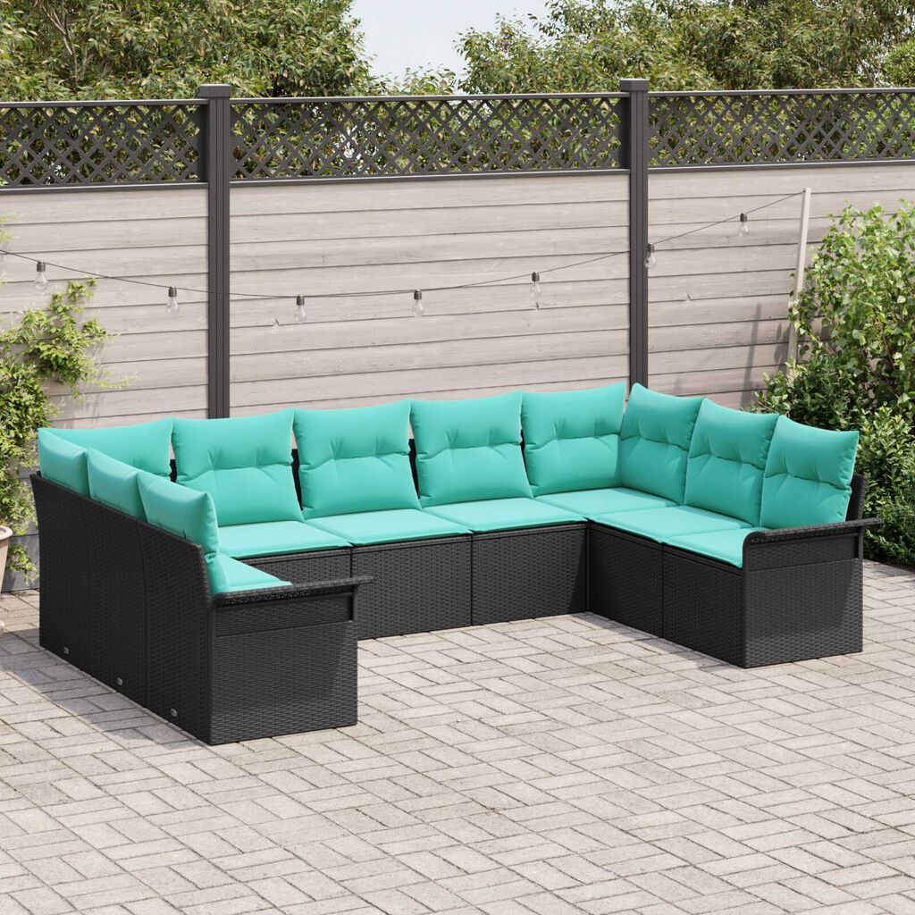 vidaXL 9 Piece Garden Sofa Set with Cushions Black Poly Rattan