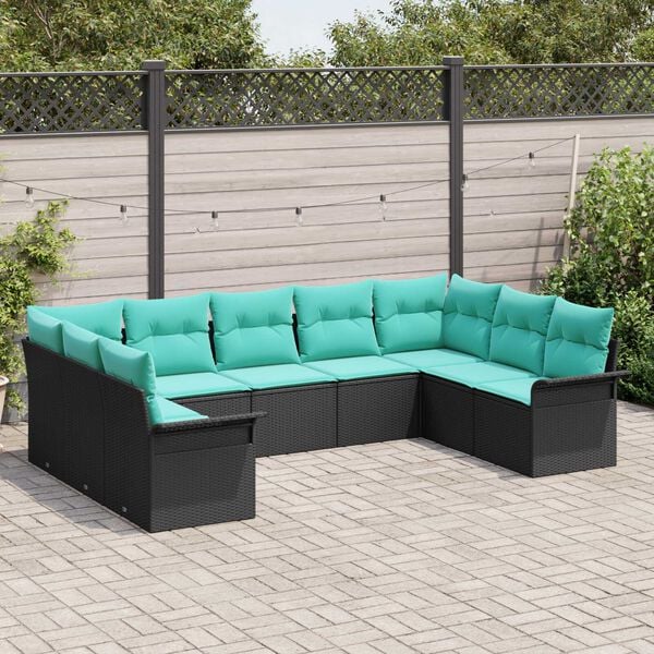 vidaXL 9 Piece Garden Sofa Set with Cushions Black Poly Rattan