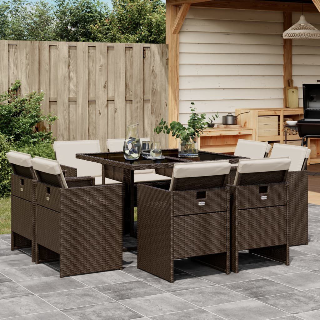 vidaXL 9 Piece Garden Dining Set with Cushions Brown Poly Rattan