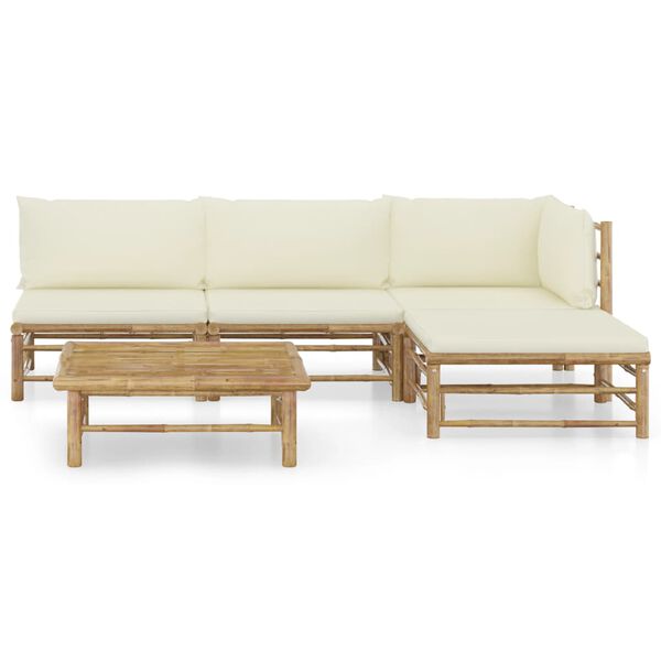vidaXL 5 Piece Garden Lounge Set with Cream White Cushions Bamboo