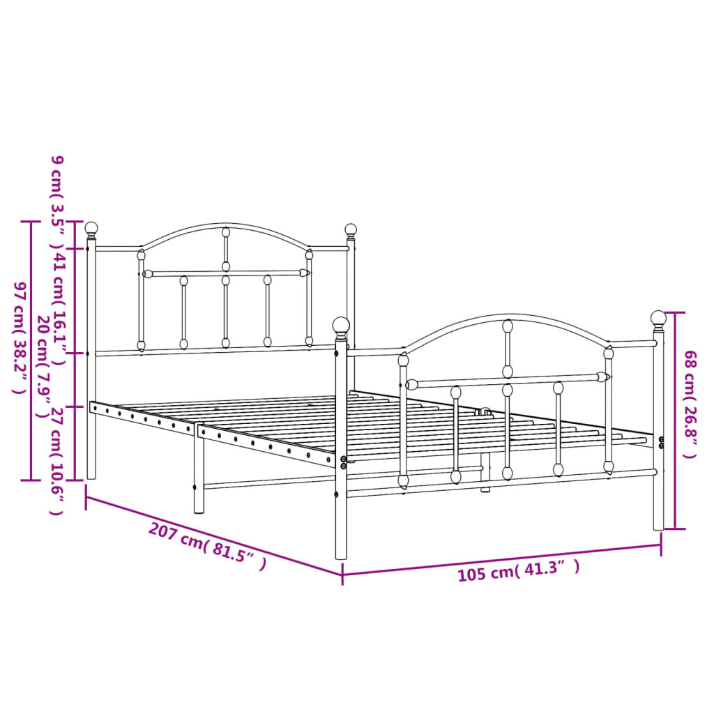 vidaXL Metal Bed Frame without Mattress with Footboard Black 100x200cm