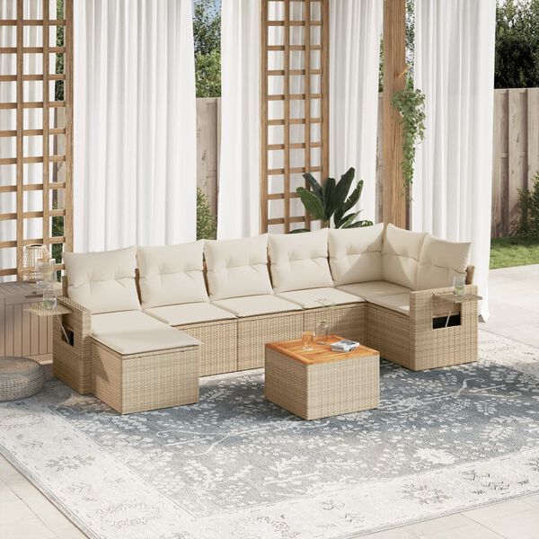 vidaXL 8 Piece Garden Sofa Set with Cushions Beige Poly Rattan