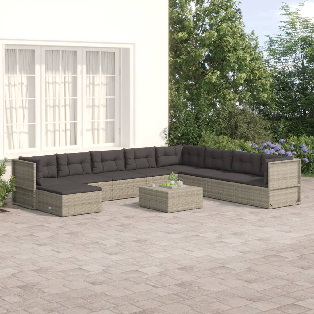 vidaXL 9 Piece Garden Lounge Set with Cushions Grey Poly Rattan