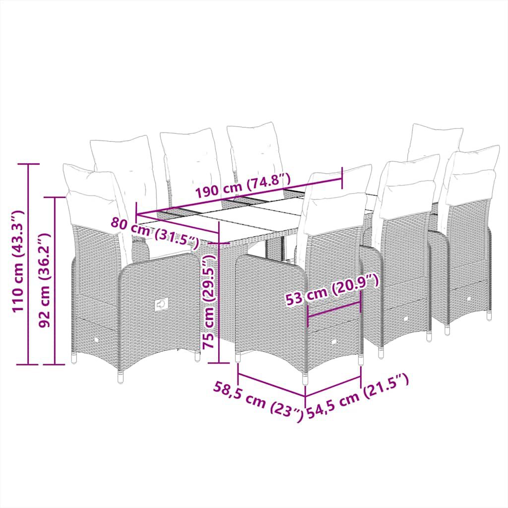 vidaXL 9 Piece Garden Bistro Set with Cushions Brown Poly Rattan