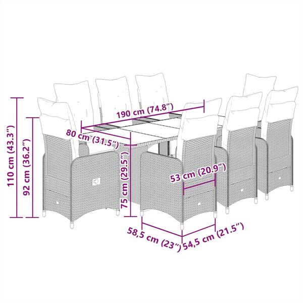 vidaXL 9 Piece Garden Bistro Set with Cushions Brown Poly Rattan