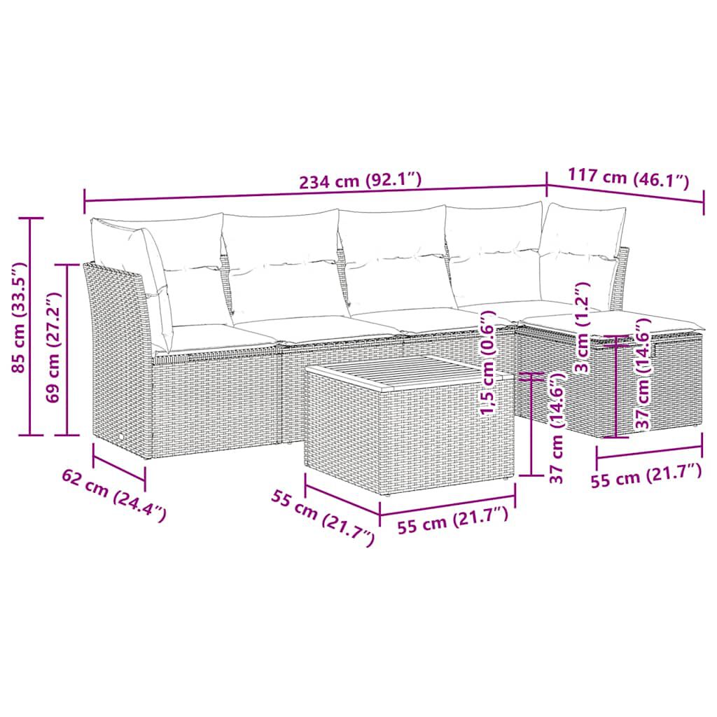 vidaXL 6 Piece Garden Sofa Set with Cushions Black Poly Rattan