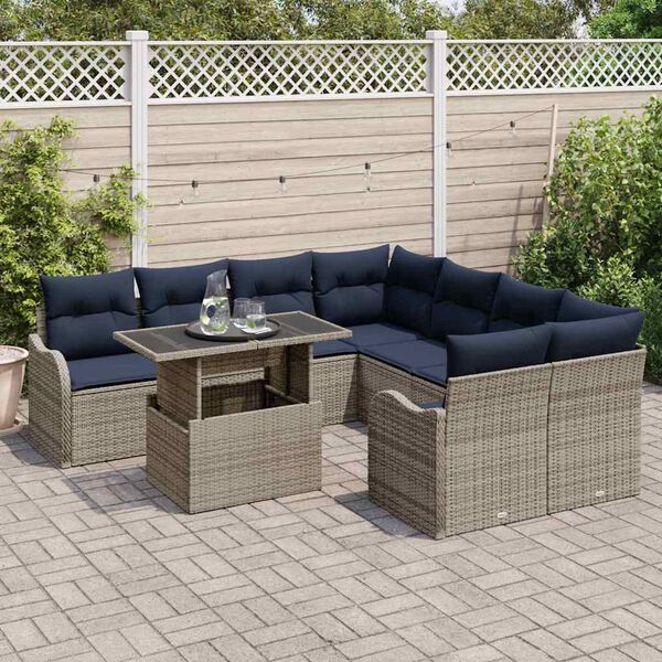 vidaXL Garden Sofa Set with Cushion 9 pcs Grey Poly rattan