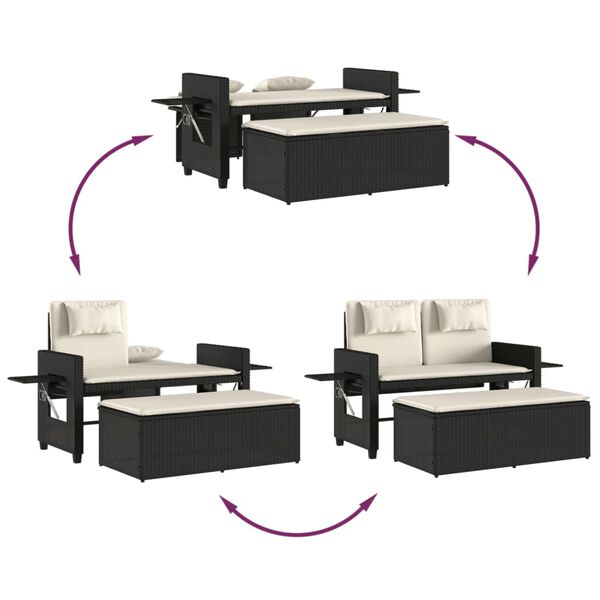 vidaXL Reclining Garden Bench with Cushions Black Poly Rattan