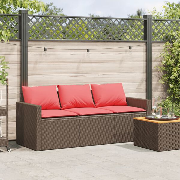 vidaXL Garden Sofa with Cushions 3-Seater Brown Poly Rattan