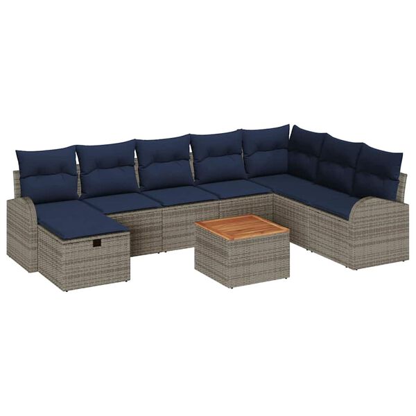 vidaXL Garden Sofa Set with Cushion 9 pcs Grey Poly Rattan
