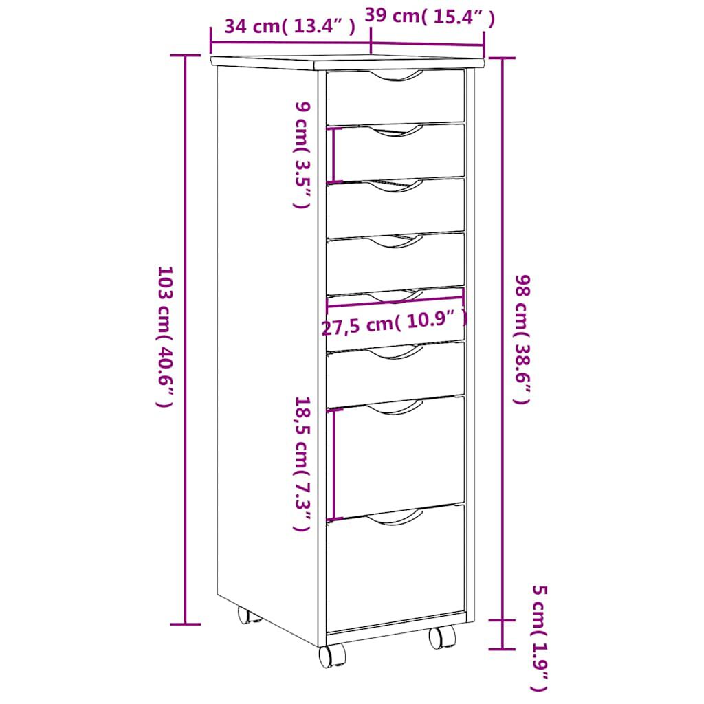 vidaXL Rolling Cabinet with Drawers MOSS Grey Solid Wood Pine