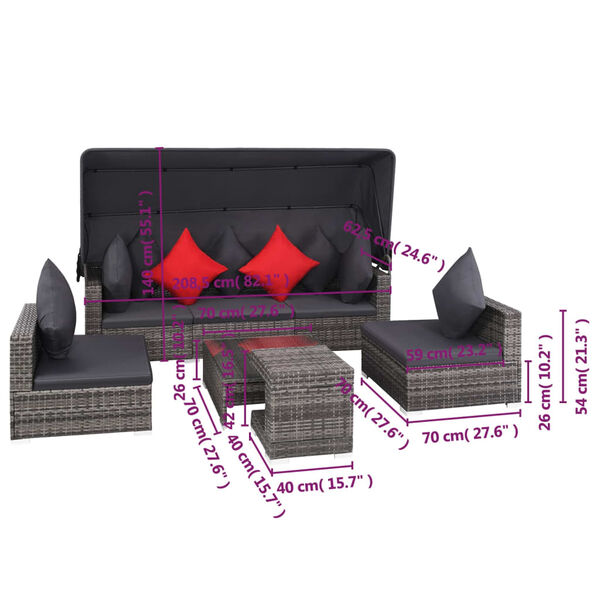 vidaXL 7 Piece Garden Lounge Set with Cushions Poly Rattan Grey