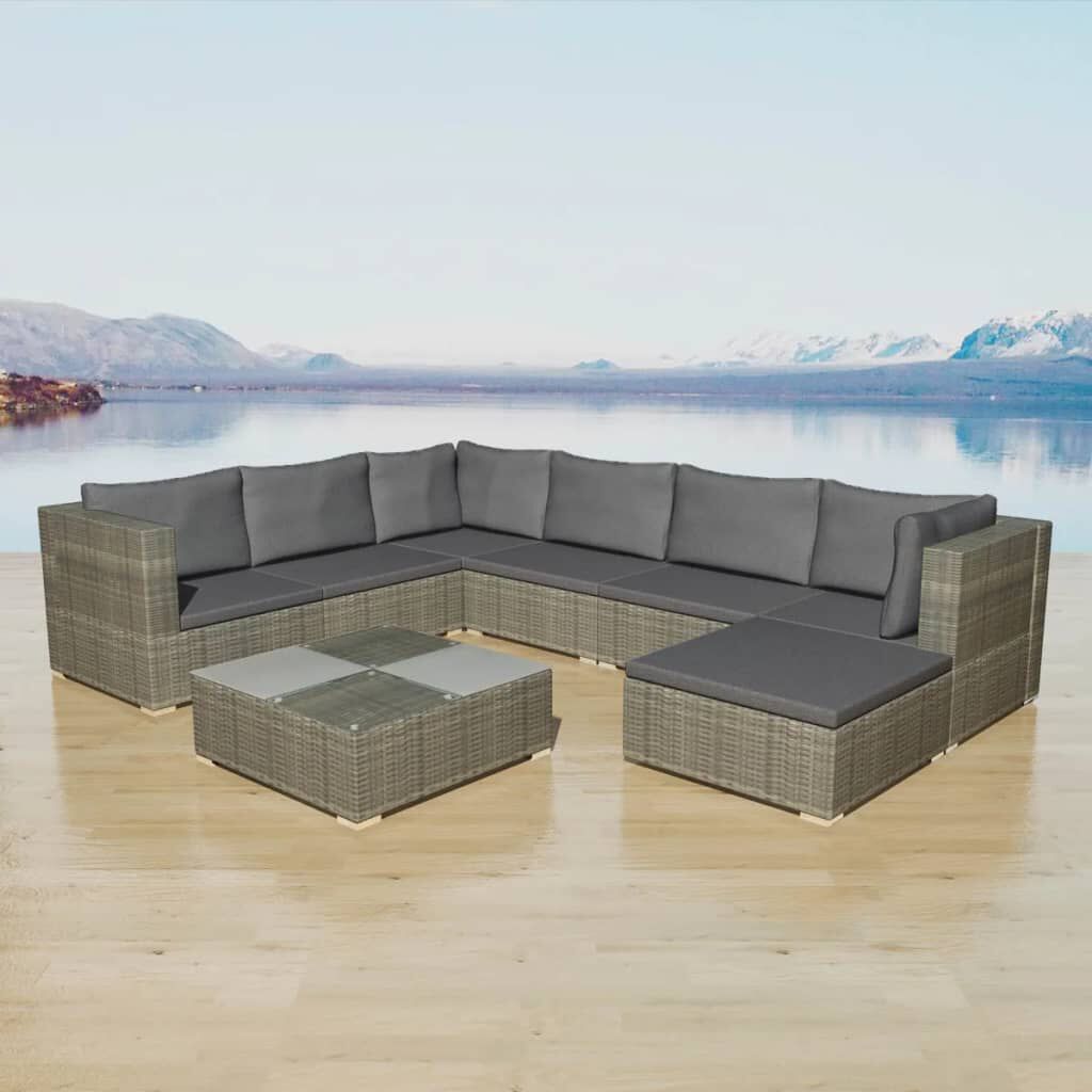 vidaXL 8 Piece Garden Lounge Set with Cushions Poly Rattan Grey