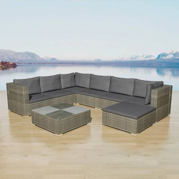 vidaXL 8 Piece Garden Lounge Set with Cushions Poly Rattan Grey