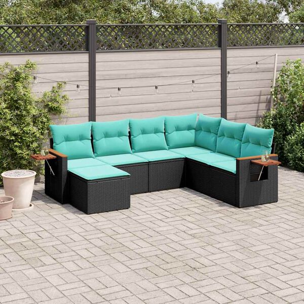 vidaXL 7 Piece Garden Sofa Set with Cushions Black Poly Rattan