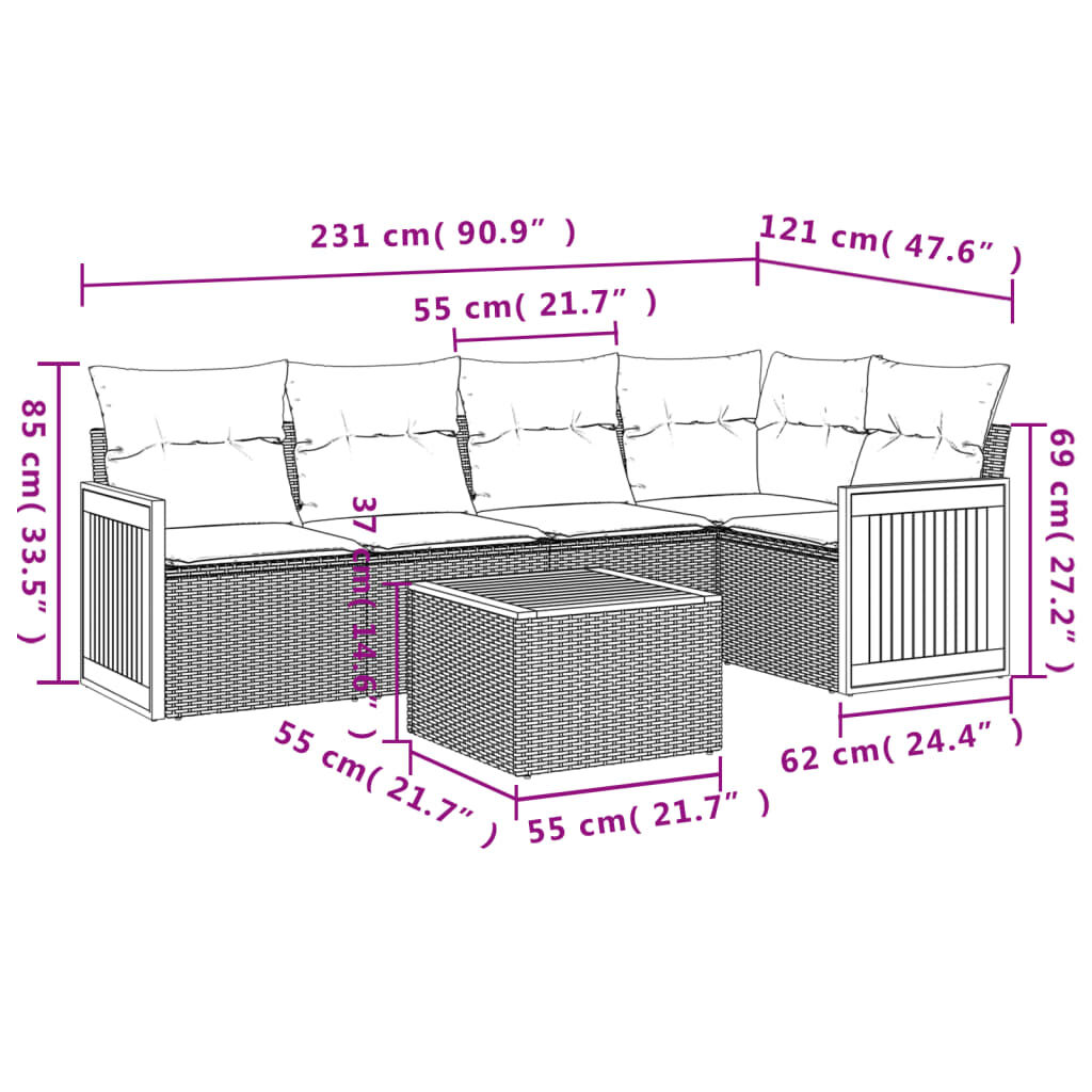 vidaXL 6 Piece Garden Sofa Set with Cushions Beige Poly Rattan