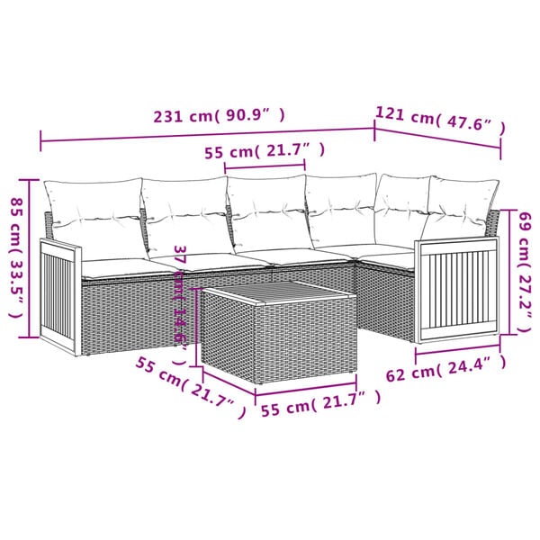 vidaXL 6 Piece Garden Sofa Set with Cushions Beige Poly Rattan
