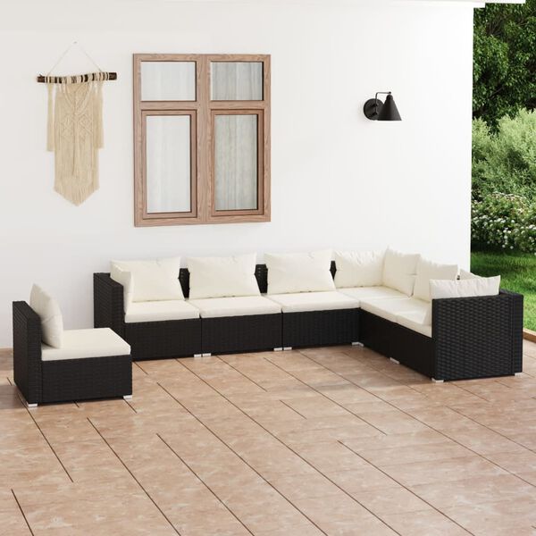 vidaXL 7 Piece Garden Lounge Set with Cushions Poly Rattan Black