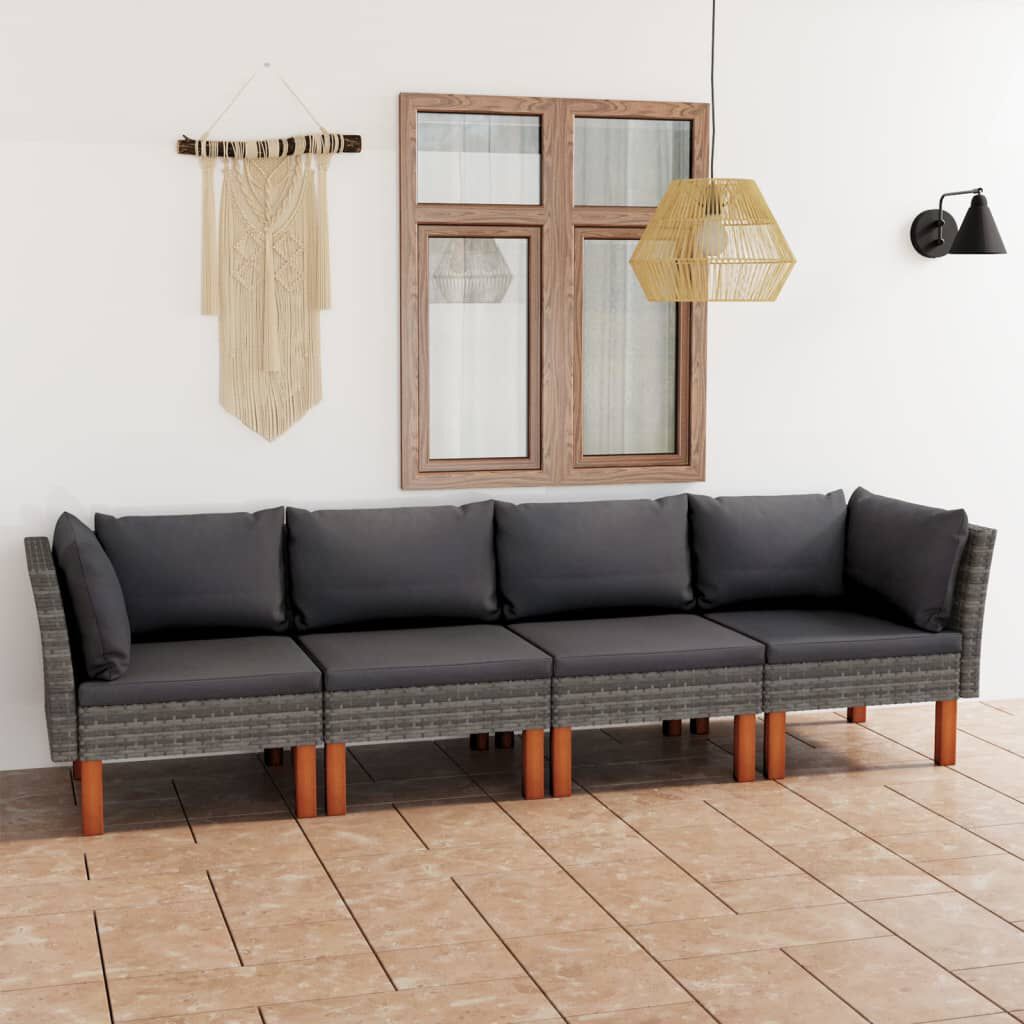 vidaXL 4-Seater Garden Sofa with Cushions Grey Poly Rattan
