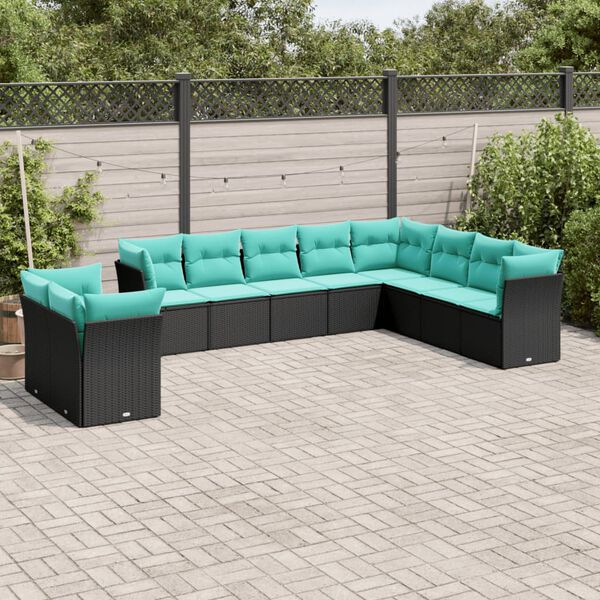 vidaXL 10 Piece Garden Sofa Set with Cushions Black Poly Rattan