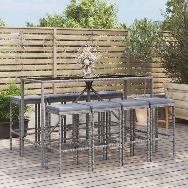 vidaXL 9 Piece Garden Bar Set with Cushions Grey Poly Rattan
