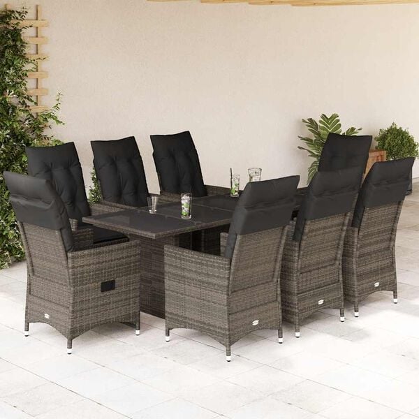 vidaXL 9 Piece Garden Dining Set with Cushions Grey Poly Rattan