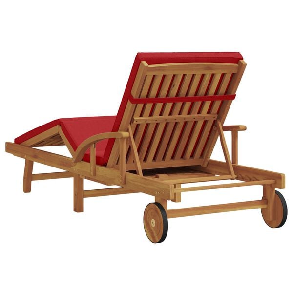 vidaXL Folding Sun Lounger with Wheels & Cushion Red Solid Wood Acacia