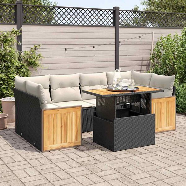 vidaXL 7 Piece Garden Sofa Set with Cushions Black Poly Rattan Acacia