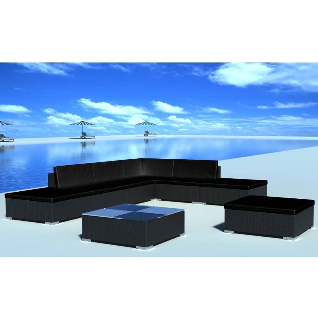 vidaXL 8 Piece Garden Lounge Set with Cushions Poly Rattan Black