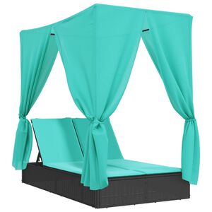 vidaXL Double Sun Lounger with Roof and Curtains Black Poly Rattan