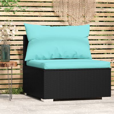 vidaXL Garden Middle Sofa with Cushions Black Poly Rattan