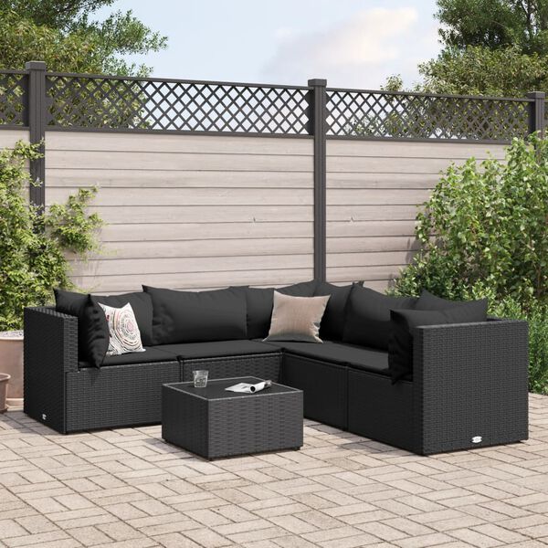 vidaXL 6 Piece Garden Lounge Set with Cushions Black Poly Rattan