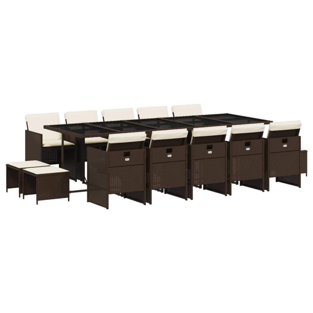 vidaXL 15 Piece Garden Dining Set with Cushions Brown Poly Rattan
