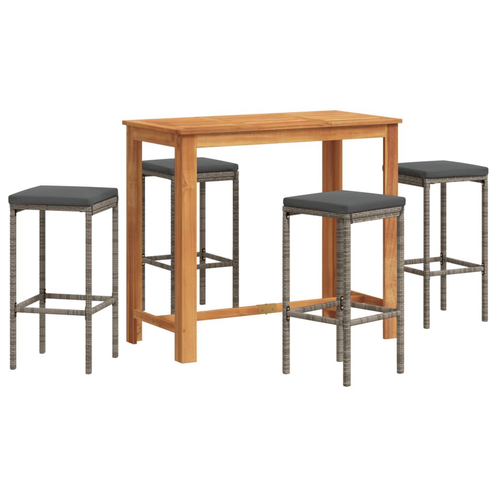 vidaXL 5 Piece Garden Bar Set Grey Solid Wood Acacia and Poly Rattan