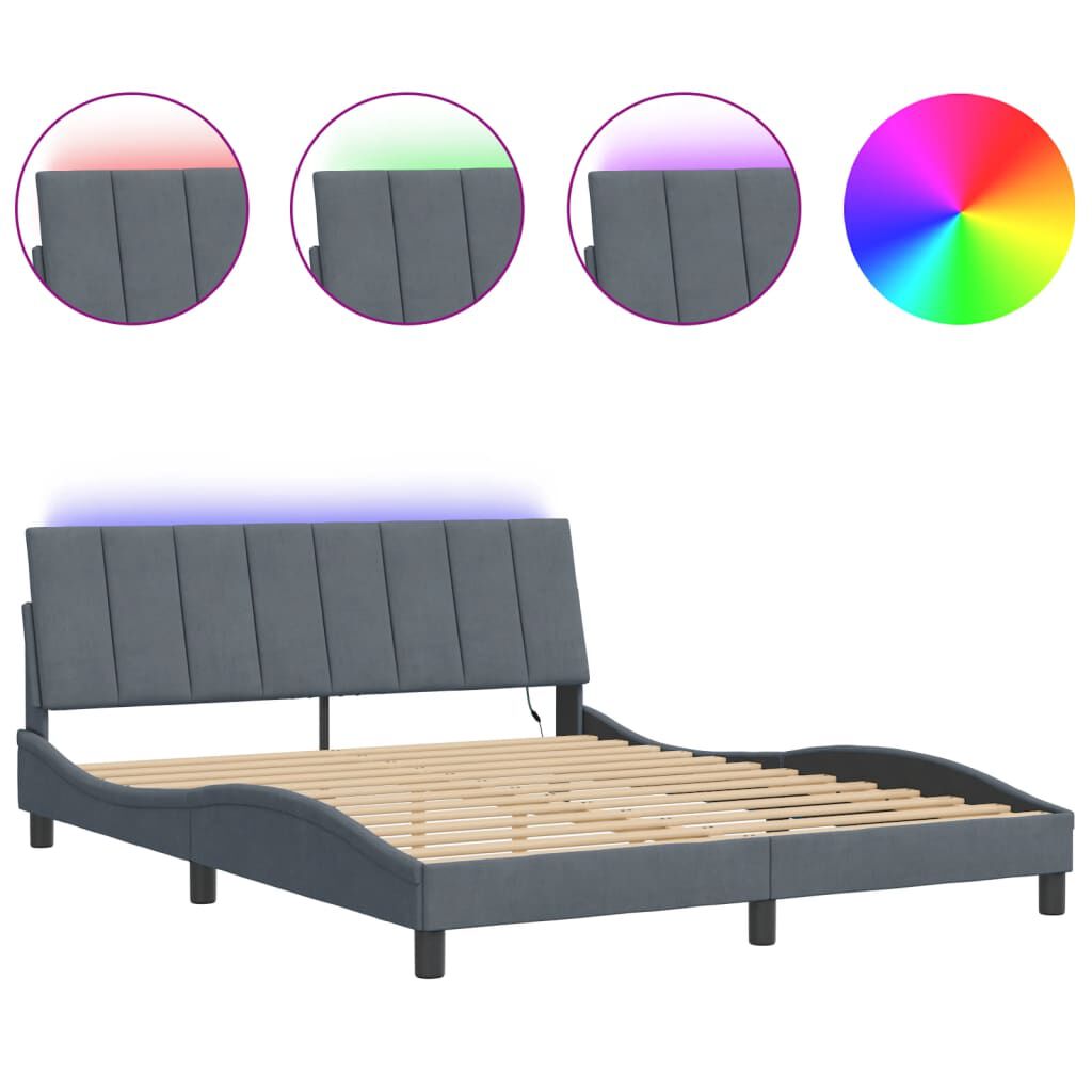 vidaXL Bed Frame with LED without Mattress Dark Grey 152x203 cm Queen Velvet