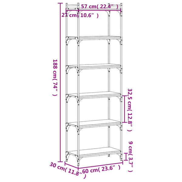 vidaXL Bookcase 6-Tier Smoked Oak 60x30x188 cm Engineered Wood