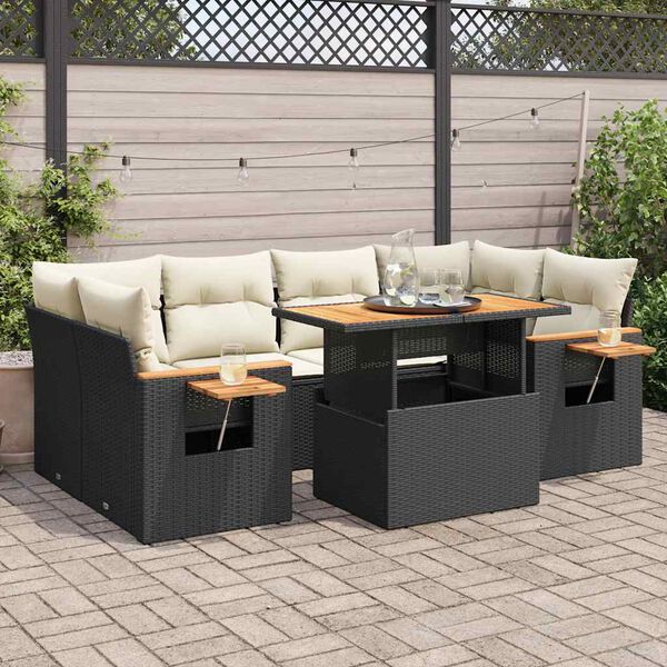 vidaXL 7 Piece Garden Sofa Set with Cushions Black Poly Rattan Acacia