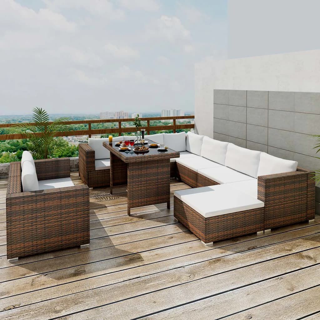 vidaXL 10 Piece Garden Lounge Set with Cushions Poly Rattan Brown