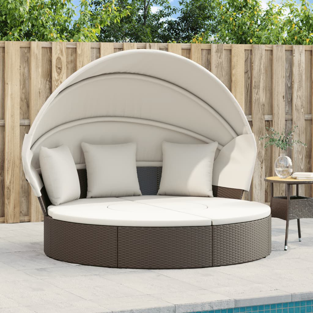 vidaXL Outdoor Lounge Bed with Canopy and Cushions Brown Poly Rattan