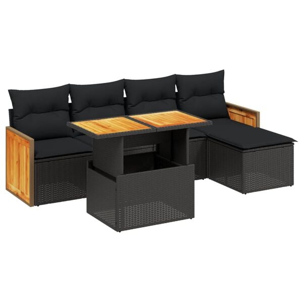 vidaXL 6 Piece Garden Sofa Set with Cushions Black Poly Rattan