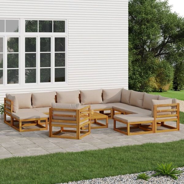 vidaXL 12 Piece Garden Lounge Set with Taupe Cushions Solid Wood