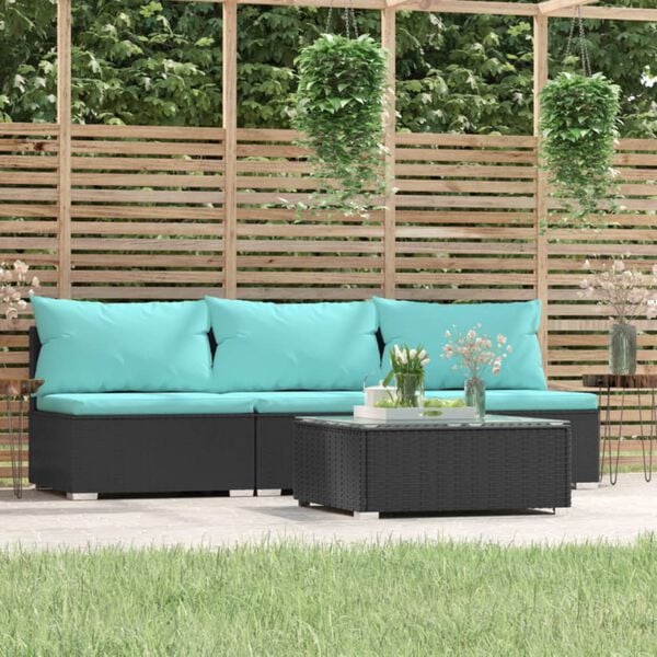 vidaXL 4 Piece Garden Lounge Set with Cushions Black Poly Rattan