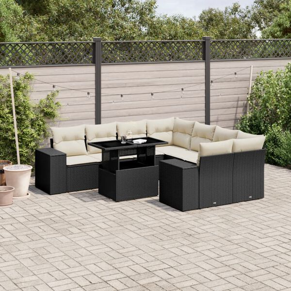 vidaXL 9 Piece Garden Sofa Set with Cushions Black Poly Rattan