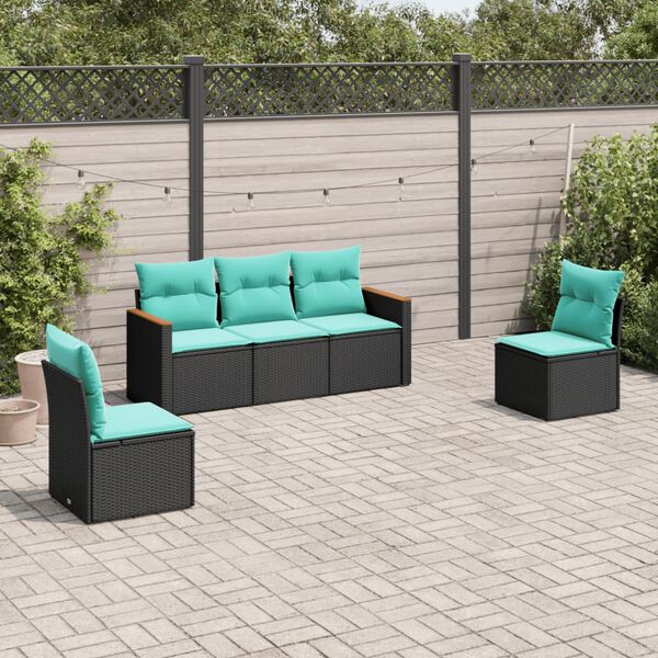 vidaXL 5 Piece Garden Sofa Set with Cushions Black Poly Rattan