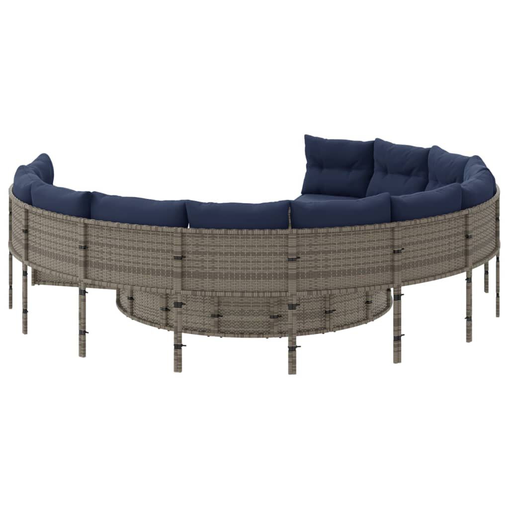 vidaXL Garden Sofa with Table and Cushions Round Grey Poly Rattan