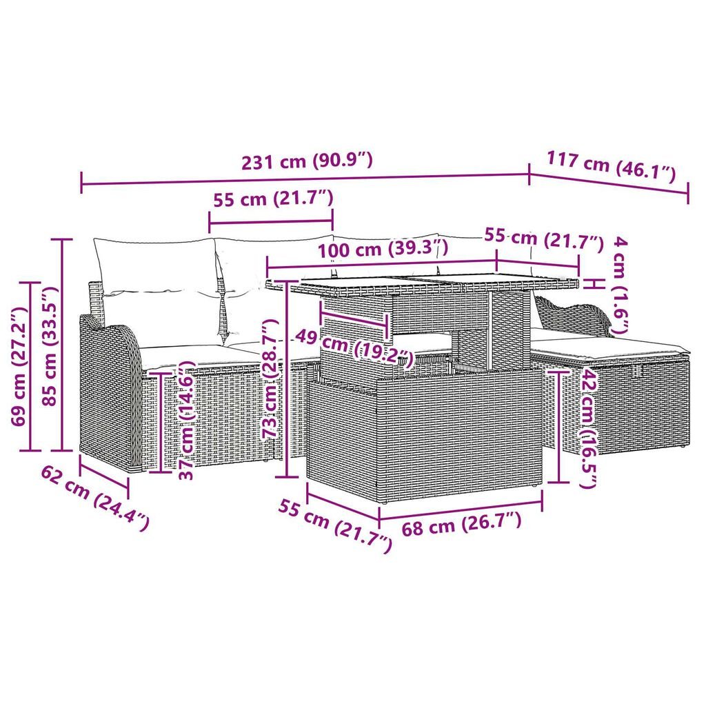 vidaXL 6 Piece Garden Sofa Set with Cushions Grey Poly Rattan
