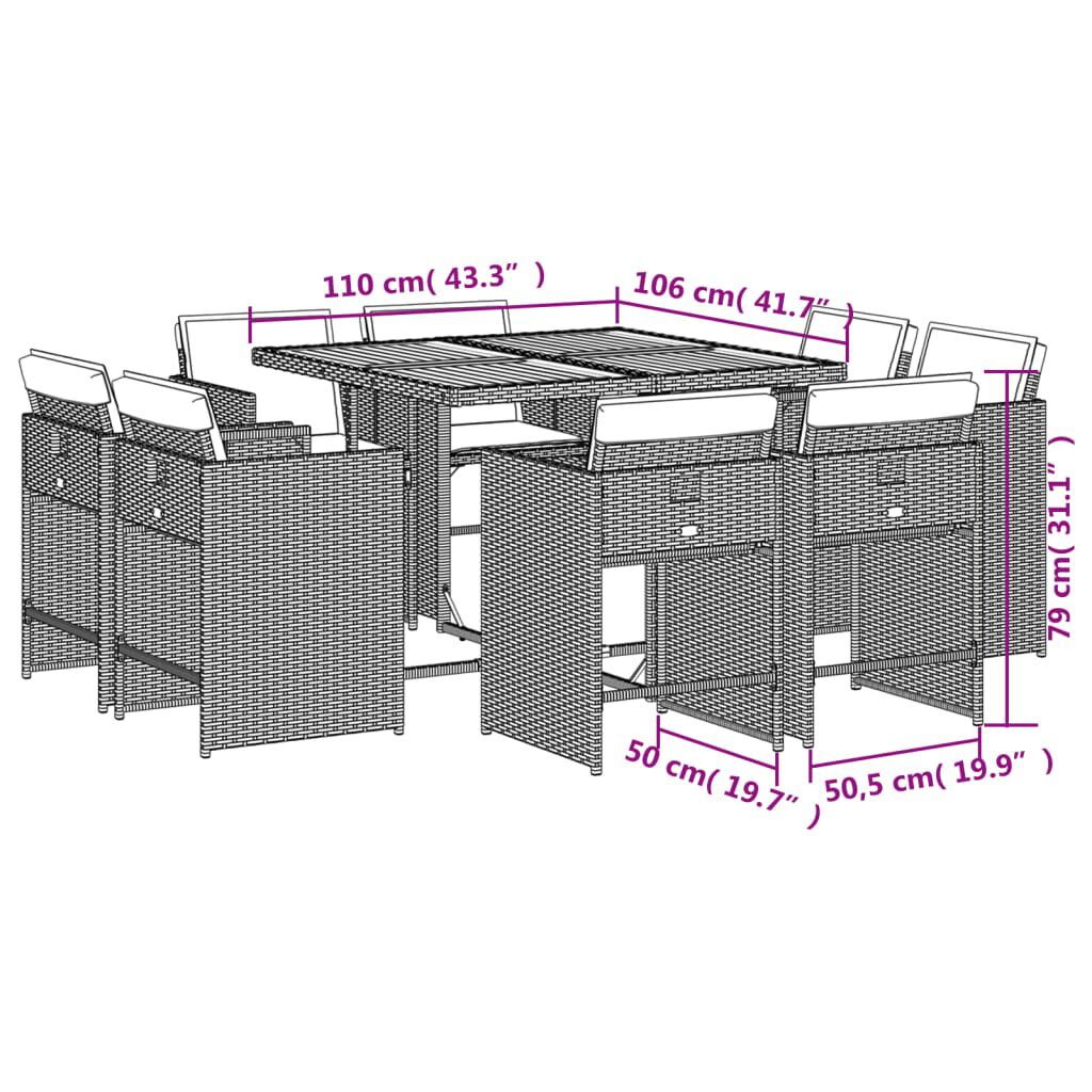 vidaXL 9 Piece Garden Dining Set with Cushions Grey Poly Rattan
