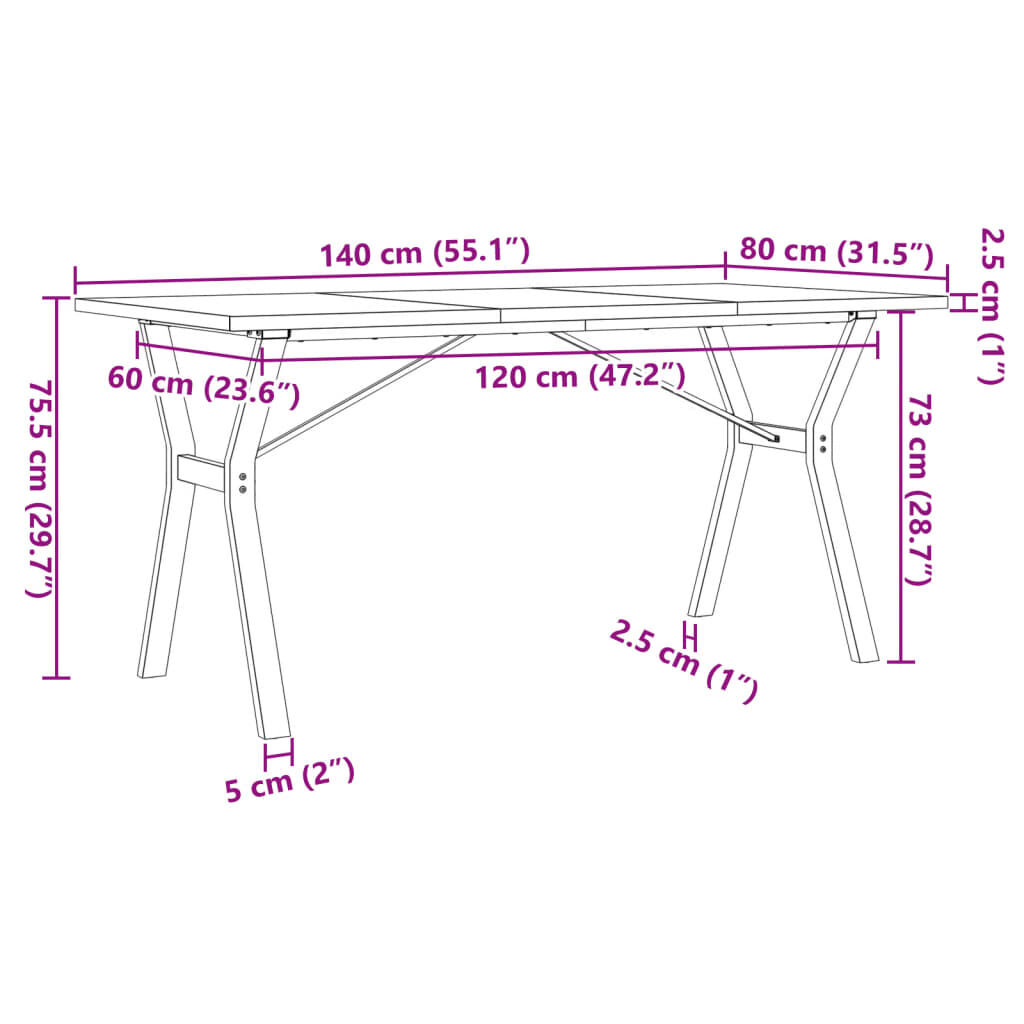 vidaXL Dining Table Y-Frame 140x80x75.5 cm Solid Wood Pine and Steel