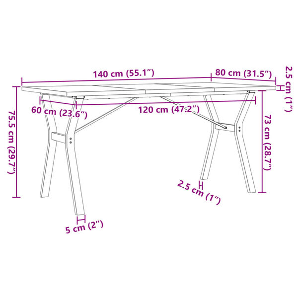 vidaXL Dining Table Y-Frame 140x80x75.5 cm Solid Wood Pine and Steel