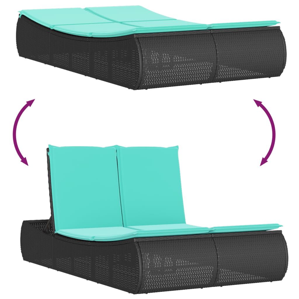 vidaXL Double Sun Lounger with Cushions Black Poly Rattan